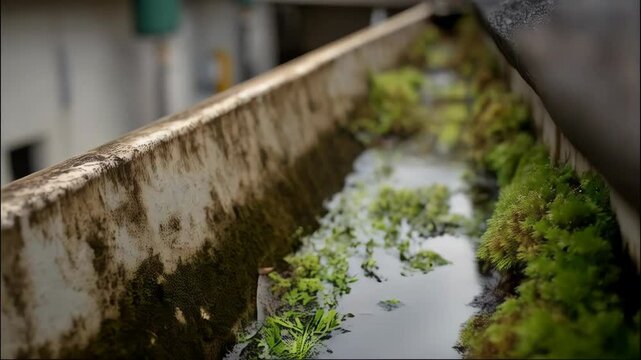 Clogged rain gutter filled with stagnant water, overgrown with bright green moss and decaying leaves. Requires drainage and maintenance.