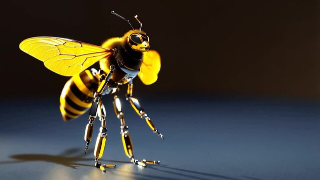 A stylized, mechanical bee with golden-yellow body and wings, metallic limbs, and a dark background