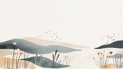 Earth-toned minimal abstract watercolor landscape with pastel hills and plants.
