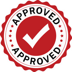 approved stamp vector with red checkmark in round badge for validation, compliance, business quality certification, official document or legal approval icon