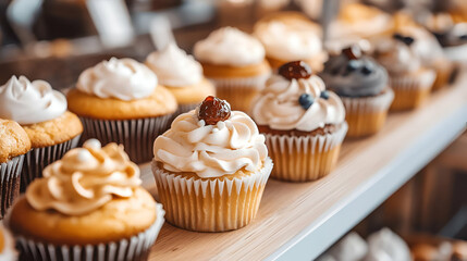 Assorted Cupcakes Displayed on Wooden Shelf