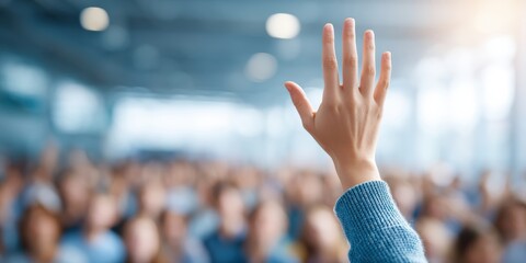 A raised hand in focus at a conference or seminar, with a blurred audience in the background.