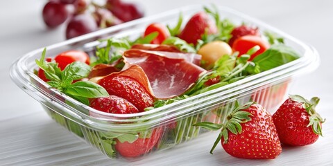 Fresh salad with strawberries, greens, tomatoes, prosciutto, and cheese in a clear plastic container, with strawberries placed beside it.