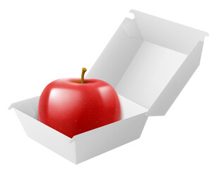 White food box with juicy red apple, packaging for hamburger, lunch, fast food, burger, sandwich isolated on white background. Packaging Cardboard Box Mockup, Realistic 3d Vector Illustration