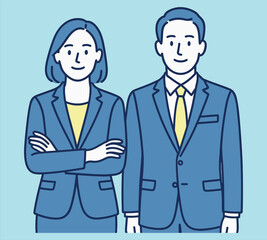 Professional business team illustration, confident male and female in blue suits, corporate partners, office colleagues, teamwork concept, modern flat design