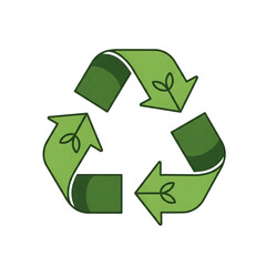 Obraz premium Three green arrows form a recycling symbol, each arrow featuring a small leaf illustration.