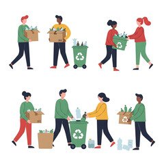 People collecting and sorting recyclable materials into bins.