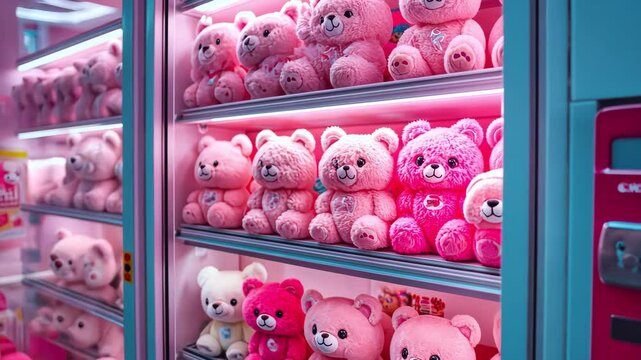 Rows of pink teddy bears in a machine. Cute teddy bear display of plush toys.