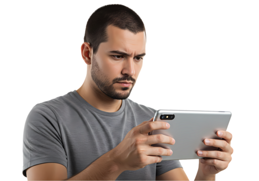 Man Focused on Tablet Screen Concentrated Engaged Technology