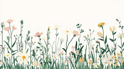 Flat style wildflower field with clean white background. For seasonal stationery and invitations.