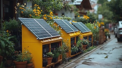 Row of yellow solar panel installations alongside potted flowers on a street