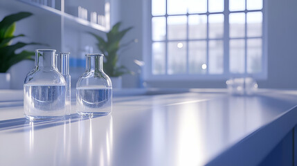Clear Glass Beakers on Bright Lab Table Near Window