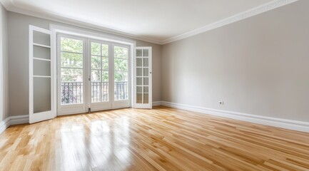 Obraz premium Empty room with hardwood floors and large windows