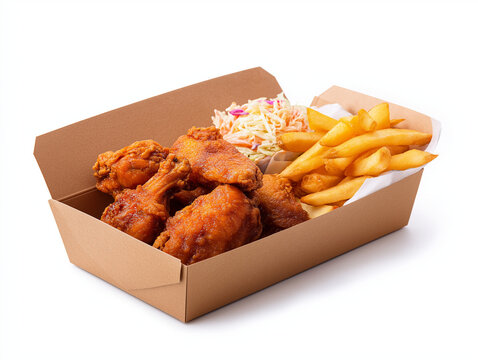A cardboard box containing deep-fried chicken wings, coleslaw, and fries on the side, against a white background, high-resolution photography, stock photo, high quality.