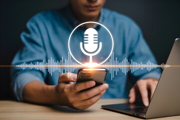 Voice Recording and AI Search Concept – Man Using Smartphone with Voice Recording App for Sound Capture and Smart Information Access