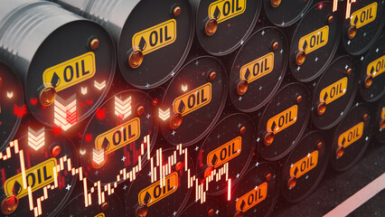 Rows of Oil Barrels with Financial Charts and Downward Trends