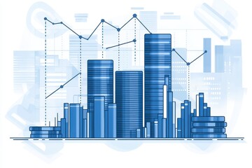 Naklejka premium Urban Skyline with Graphs and Data Visualization in Blue Shades