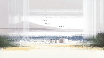Digital seaside landscape illustrated in a modern pointillist (dot texture) style.