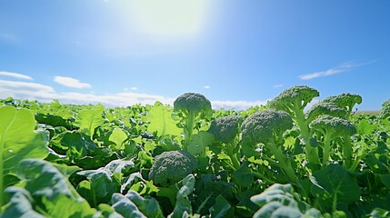 Broccoli field under blue sky with green plants and sunlight