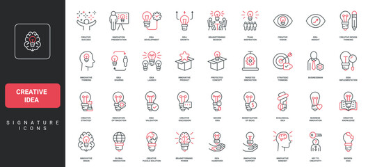 Creative idea, new project presentation, launch and development, optimization line icon set. Light bulb and puzzle, brain with innovation mindset thin black and red outline symbols vector illustration