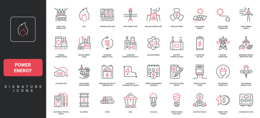 Power energy and electricity generation infrastructure, factory chimney line icon set. Types of renewable natural sources, water and wind, sun, eco energy thin black and red symbol vector illustration