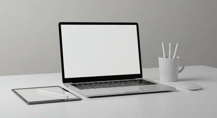 Fototapeta premium Clean Workspace Laptop Tablet and Minimalist Setup