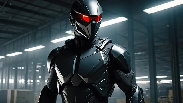 A futuristic soldier in dark armor with red visor standing in a warehouse setting indoors