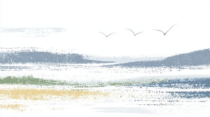Digital seaside landscape illustrated in a modern pointillist (dot texture) style.