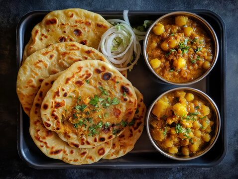 create an image with hand made paratha chickpea gravy and potato gravy in a tray on a top view
