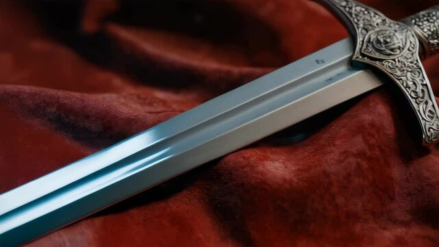 Close-up of an ornate silver sword with intricate floral designs resting on a red velvet fabric creating a regal atmosphere.
