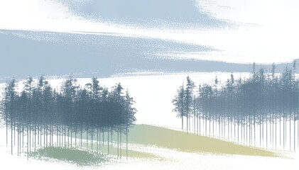 A landscape illustration of misty, dreamy coniferous forests in light pastel tones.