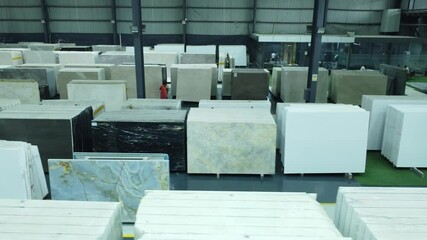 Bangalore, India 21st May 2025 : Vertical shots of Marble slabs. Marble Processing unit. Best blocks of marbles and Natural stones.Imported marbles from regions of Tuscany, Carrara and Sicily