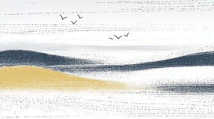 Digital seaside landscape illustrated in a modern pointillist (dot texture) style.