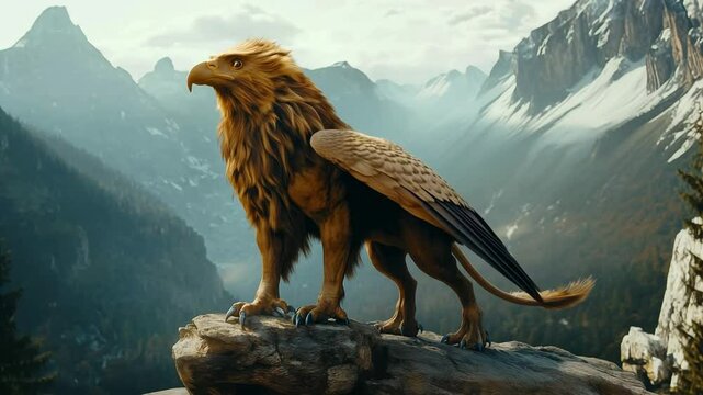 A gryphon stands on a rock, folds its wings and looks around