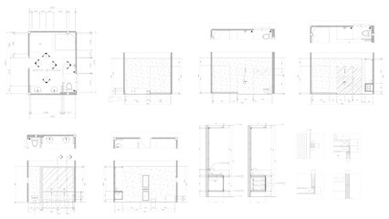 Drawings, interior decorations, master bathroom, furniture layout plan, section detail, vector format.