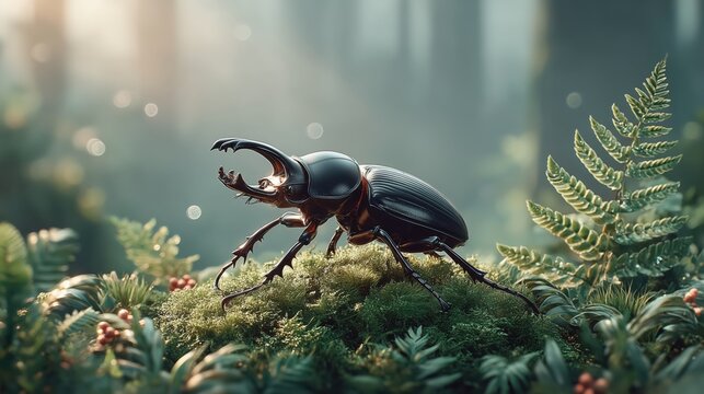 A highly detailed photorealistic image of a Dorcus titanus stag beetle with glossy black exoskeleton on vibrant green moss in lush rainforest with dew-covered ferns serene ethereal atmosphere