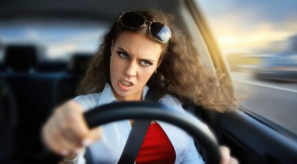 Anxious woman: frightened driver, joyful reaction, funny expression, comical journey, playful mood, nervous energy, car adventure, cheerful tension, emotional ride, humorous experience