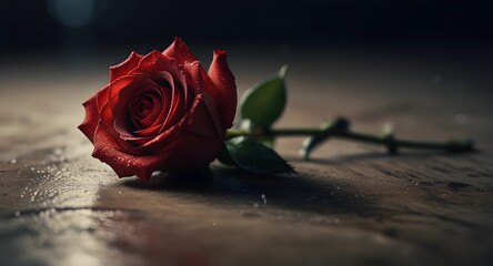 A red rose rests on a wooden table, accompanied by abstract heart shapes, all illuminated by soft, artistic lighting.  