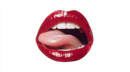 A detailed close-up of glossy red lips, Sexy female lips with red lipstick isolated on white. White teeth, tongue of beautiful young women
