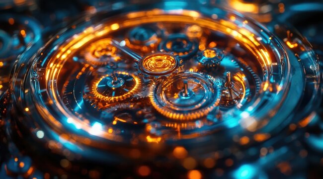 Intricate clockwork mechanism, glowing with vibrant light