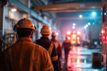 Nighttime scene inside a factory with emergency alarm lights on, workers in safety gear responding quickly, machinery in background.