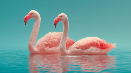 A pair of flamingos swimming in shallow water against a backdrop of plain color