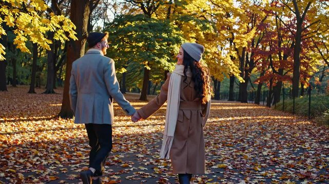 A couple walks hand in hand through a sunlit autumn park, captured from a low-angle video, emphasizing vibrant foliage and a romantic atmosphere.