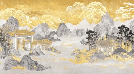 Golden Misty Mountain Scenery