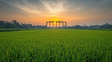 Sunrise over a rice paddy, with a monumental structure in the background