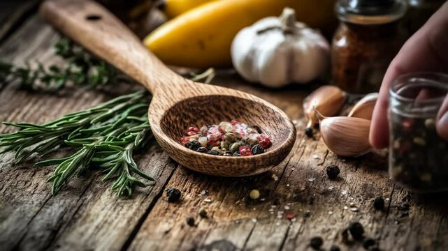 Wooden spoon with pepper on rustic wooden background with garlic