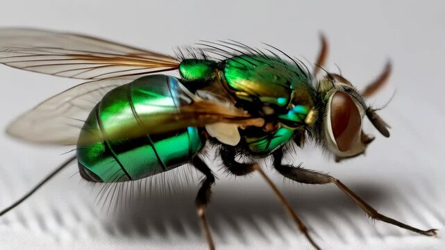 Close-up of a iridescent green and blue Bottle Fly showcasing its intricate details and delicate veined wings against a neutral backdrop.