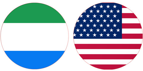 Sierra Leone Official Flag with USA United State of America National flag, both countries flags are in Round shape and isolated on white background, Circular colorful design Flag with together.