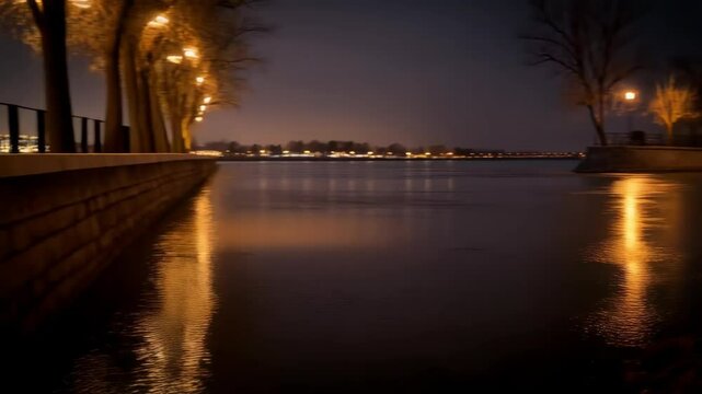 Riverfront promenade with glowing lamp posts reflecting in dark water at night, urban riverside embankment illuminated, dark trees