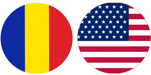 Chad Official Flag with USA United State of America National flag, both countries flags are in Round shape and isolated on white background, Circular colorful design Flag with together.